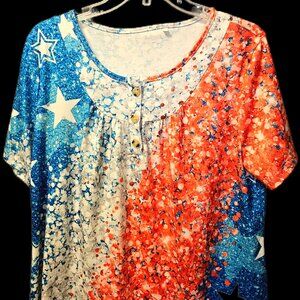 Women's new red-white-and-blue splatter-and-stars shirt